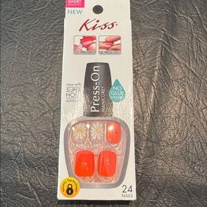 Kiss Bright Orange & White Flower Press-On Nails, NEW
